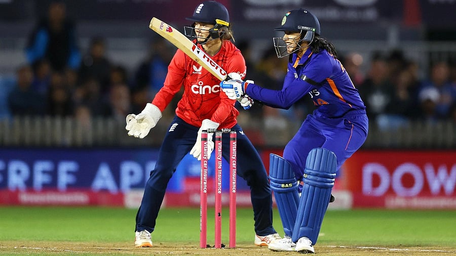 Indian batter Smriti Mandhana plays a shot during the 2nd T20 International cricket match between India and England. Credit: PTI Photo