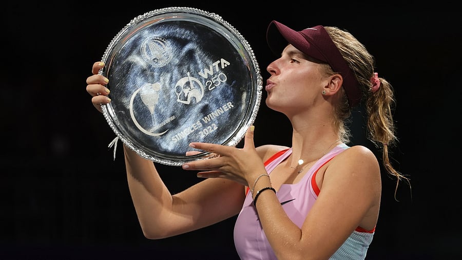 Czech Republic's Linda Fruhvirtova poses with the trophy after winning the WTA Chennai Open 2022 tennis tournament singles final match, in Chennai. Credit: PTI Photo