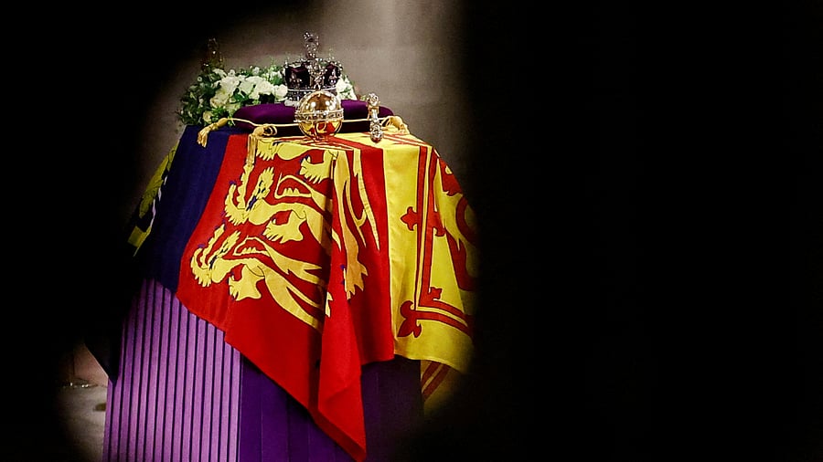 The coffin of Queen Elizabeth II, Lying in State inside Westminster Hall, is seen at the Palace of Westminster in London. Credit: AFP Photo