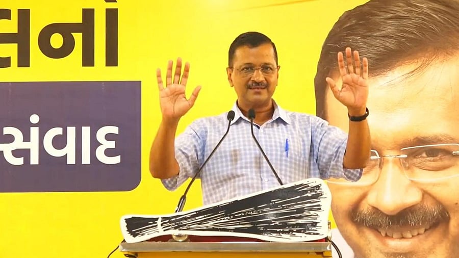 Delhi Chief Minister and AAP Convener Arvind Kejriwal speaks during a meeting with teachers and parents of school students in Gujarat. Credit: PTI Photo