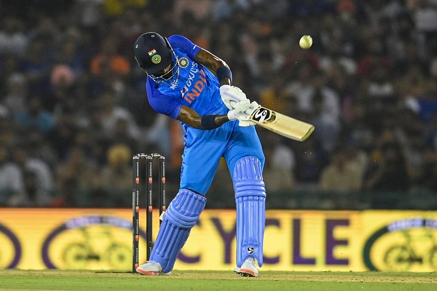Hardik Pandya plays a shot during the first Twenty20 international cricket match between India and Australia at the Punjab Cricket Association Stadium in Mohali on September 20, 2022. Credit: AFP Photo