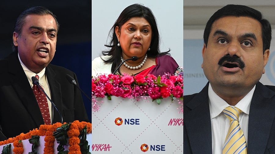 Mukesh Ambani, Falguni Nayar, Gautam Adani. Credit: AFP File Photo