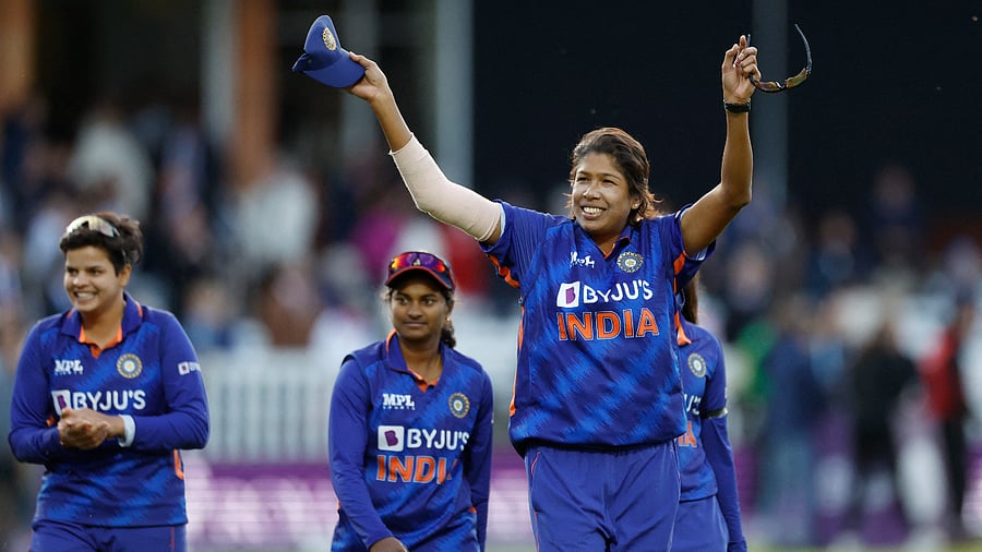 Jhulan Goswami celebrates after winning the match against England and clinching the series. Credit: Reuters Photo