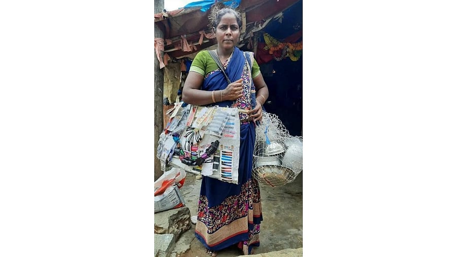 Eshwaramma from Vinayakanagar barters kitchen utensils and hair clips for fallen hair.