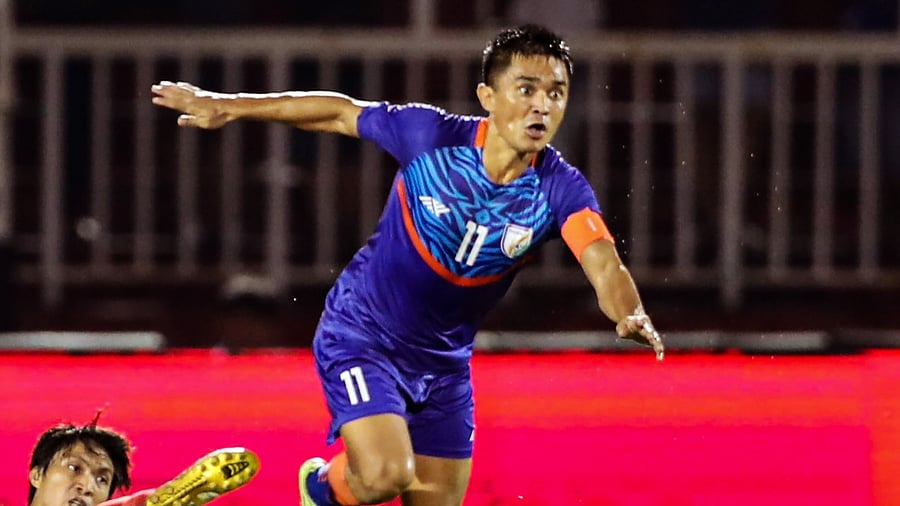 The 38-year-old Chhetri is third in the list for active footballers with most international goals with 84 strikes to his name. Credit: PTI Photo
