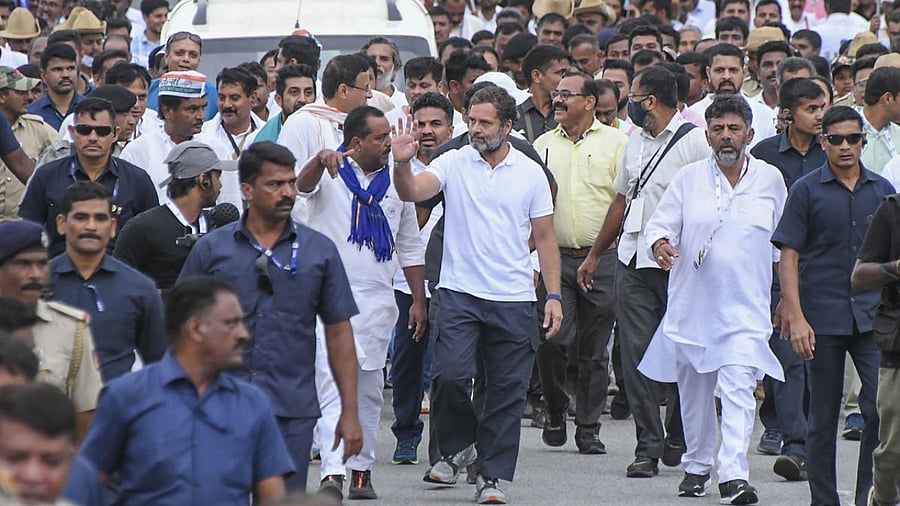 Congress leader Rahaul Gandhi during 'Bharat Jodo Yatra' at Gundlupet in Chamarajanagar district, Friday, Sept. 30, 2022. Credit: PTI Photo