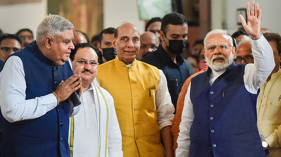 Jagdeep Dhankhar with Prime Minister Narendra Modi, Defence Minister Rajnath Singh and BJP National President J P Nadda. Credit: PTI File Photo