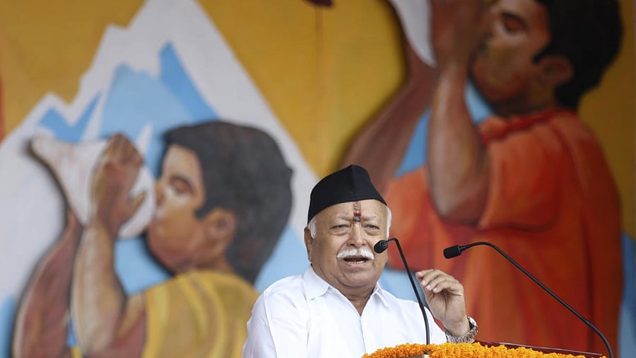 Rashtriya Swayamsevak Sangh (RSS) chief Mohan Bhagwat addresses at a Vijayadashami function, in Nagpur. Credit: PTI Photo