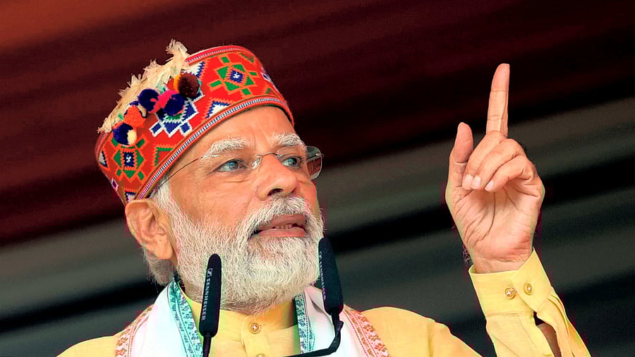 PM Narendra Modi addresses the ceremony for foundation stone laying and dedication to the nation of multiple projects, in Bilaspur, Himachal Pradesh, Wednesday, Oct. 5, 2022. Credit: PTI Photo