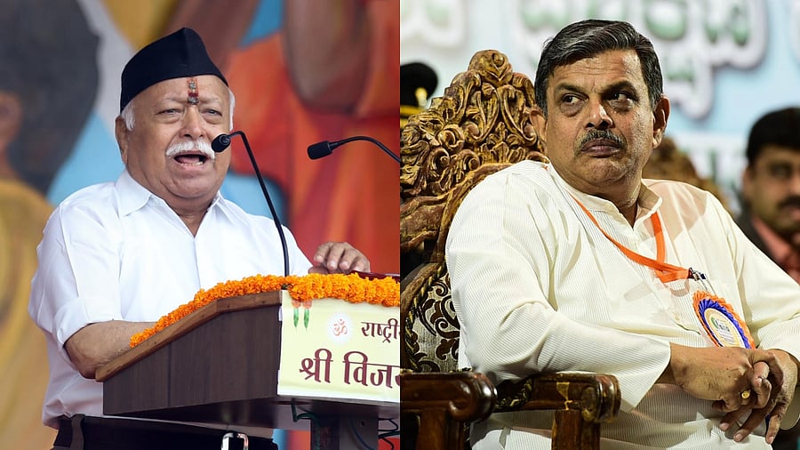 RSS chief Mohan Bhagwat (L) and General Secretary Dattatreya Hosabale. Credit: PTI/DH Photos