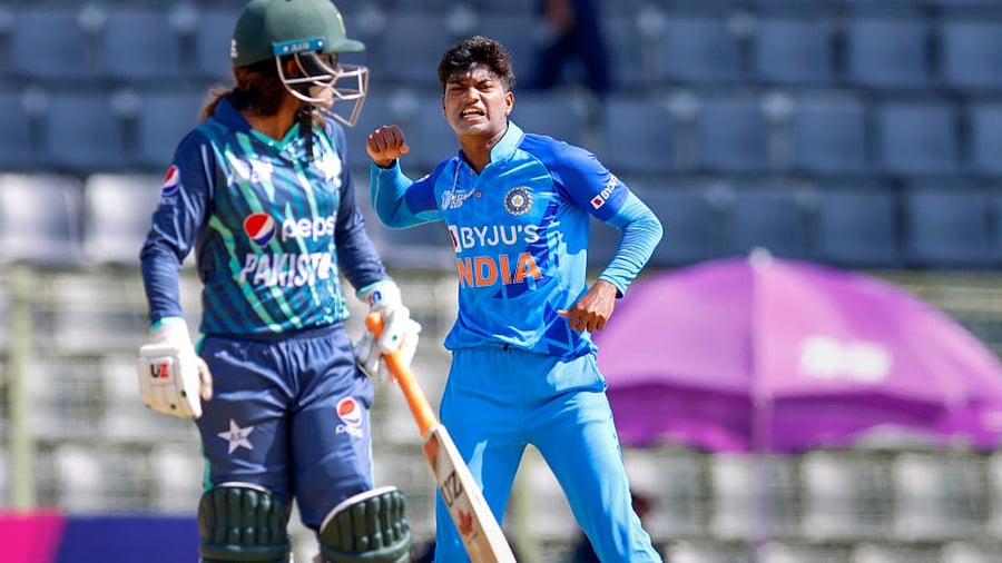 Indian women's team player Pooja Vastrakar celebrates a wicket during the Women's Asia Cup 2022 cricket match between India and Pakistan, at Sylhet International Cricket Stadium, Sylhet. Credit: PTI Photo