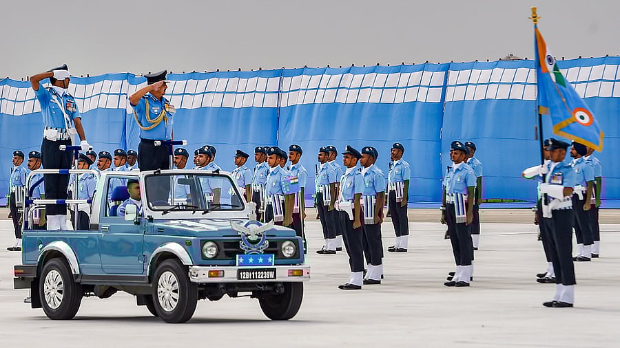 Indian Air Force (IAF) Chief V R Chaudhari inspects the guard of honor during 90th anniversary celebrations of IAF, at the Air Force Station in Chandigarh, Saturday, Oct. 8, 2022. Credit: PTI Photo