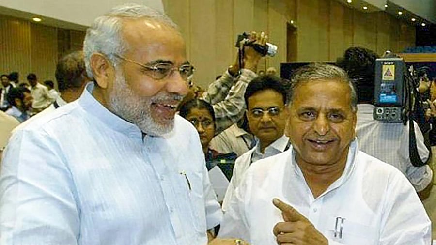 Undated photo of Prime Minister Narendra Modi and Samajwadi Party founder Mulayam Singh Yadav. Credit: Twitter/@narendramodi