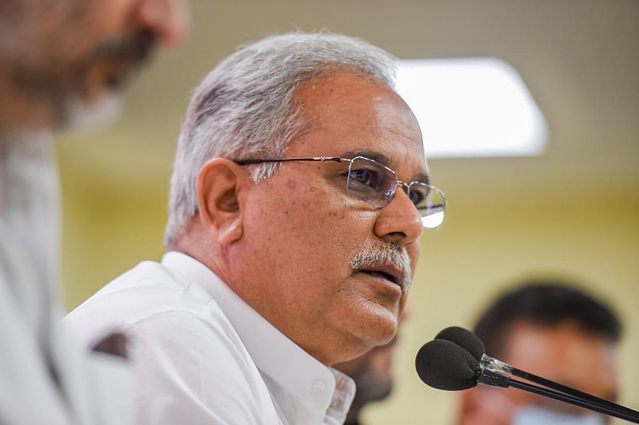 Chhattisgarh CM Bhupesh Baghel speaks during a press conference. Credit: PTI Photo 