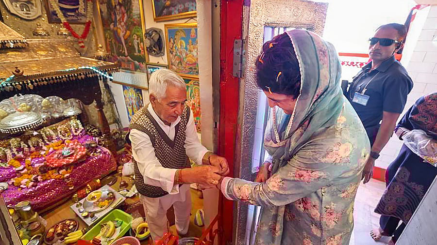 AICC General Secretary Priyanka Gandhi during her visit to the Maa Shoolini temple in Solan. Credit: PTI Photo