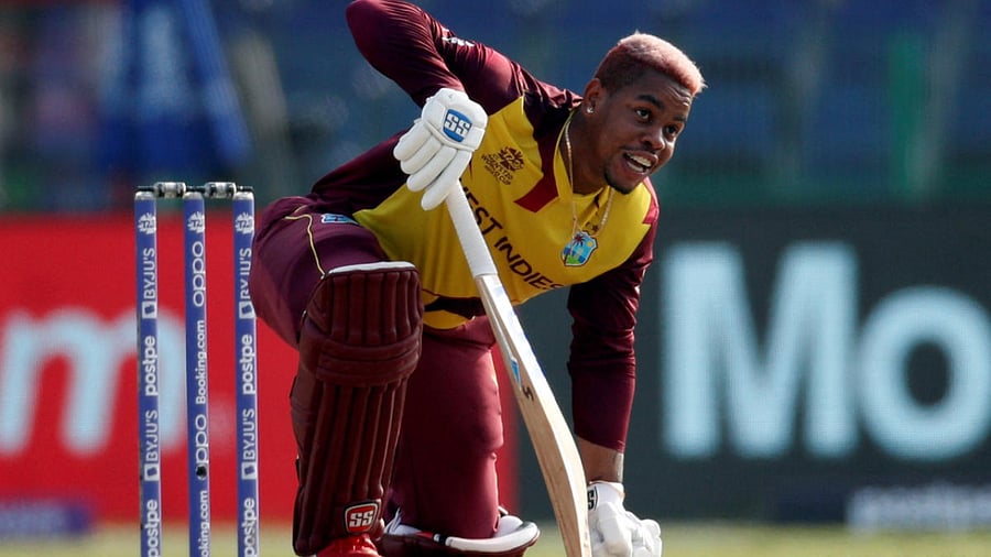 West Indies' Shimron Hetmyer reacts after being hit by the ball. Credit: Reuters Photo