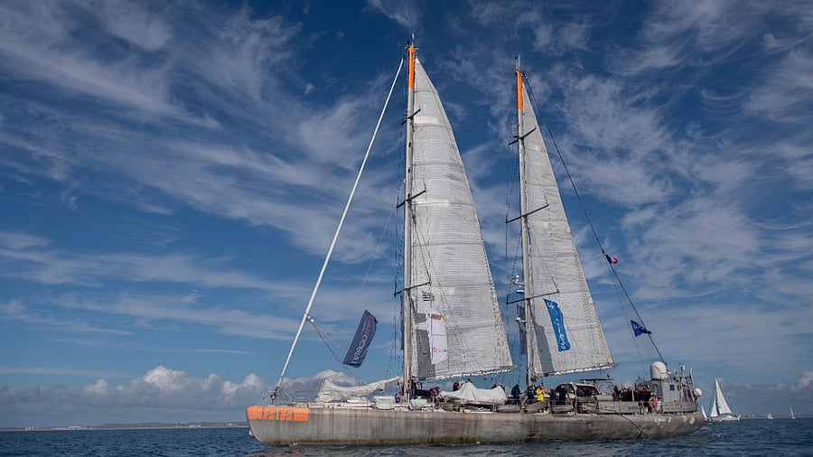 The scientific schooner Tare returns from a 22-month expedition to the South Atlantic where underwater microbiom took place, sails into its home port of Lorient, western France. Credit: AFP Photo