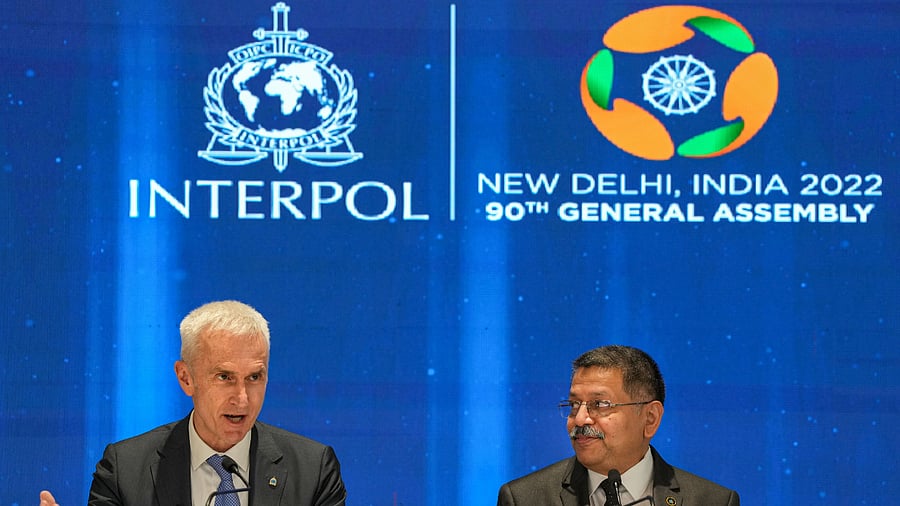 Jurgen Stock, Secretary General, Interpol and Praveen Sinha, Special Director, CBI, address a press conference ahead of the 90th General Assembly of Interpol, to be held from 18th to 21st October, in New Delhi. Credit: PTI Photo