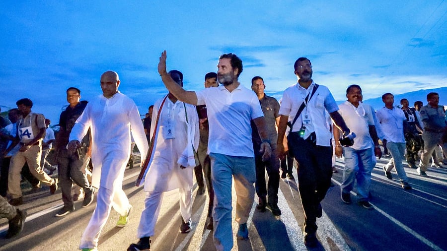 Congress leader Rahul Gandhi with supporters during the party's Bharat Jodo Yatra, in Kurnool district of Andhra Pradesh. Credit: PTI Photo