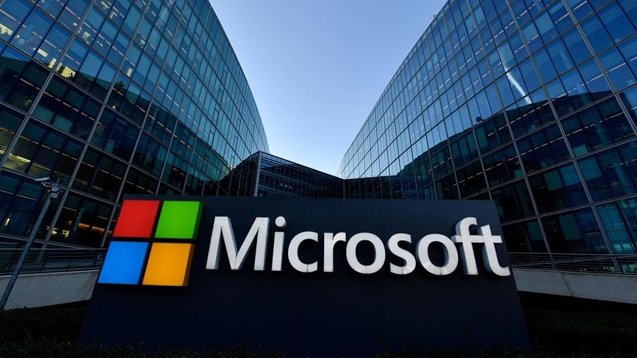 The logo of Microsoft outside its French headquarters. Credit: AFP Photo