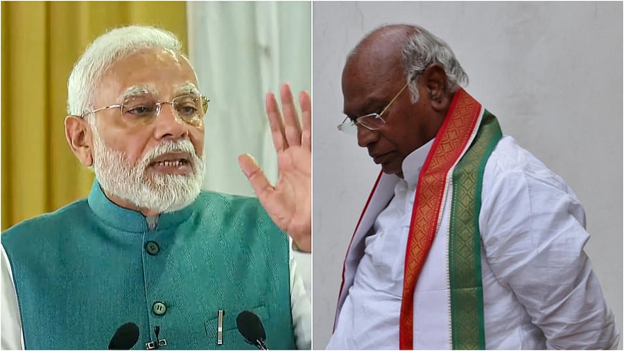 PM Narendra Modi (left) and Mallikarjun Kharge. Credit: PTI/AFP Photos