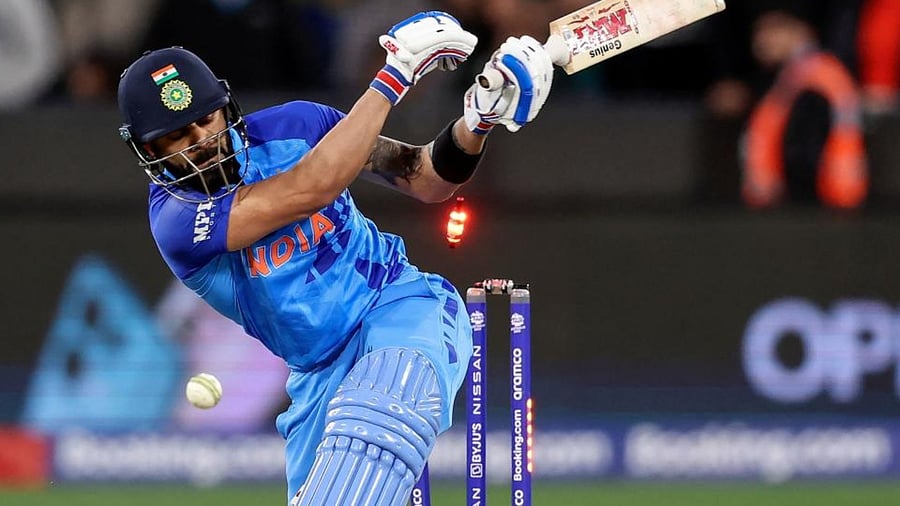 Virat Kohli bowled on a free-hit ball during the ICC men's Twenty20 World Cup 2022 cricket match between India and Pakistan at Melbourne Cricket Ground (MCG) on October 23, 2022. Credit: AFP Photo