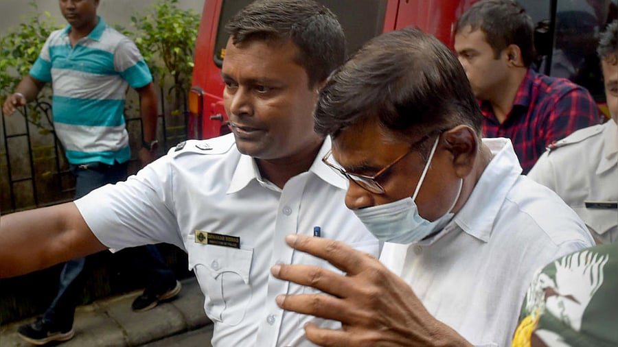 TMC MLA Manik Bhattacharya being produced at court by ED officials. Credit: PTI Photo