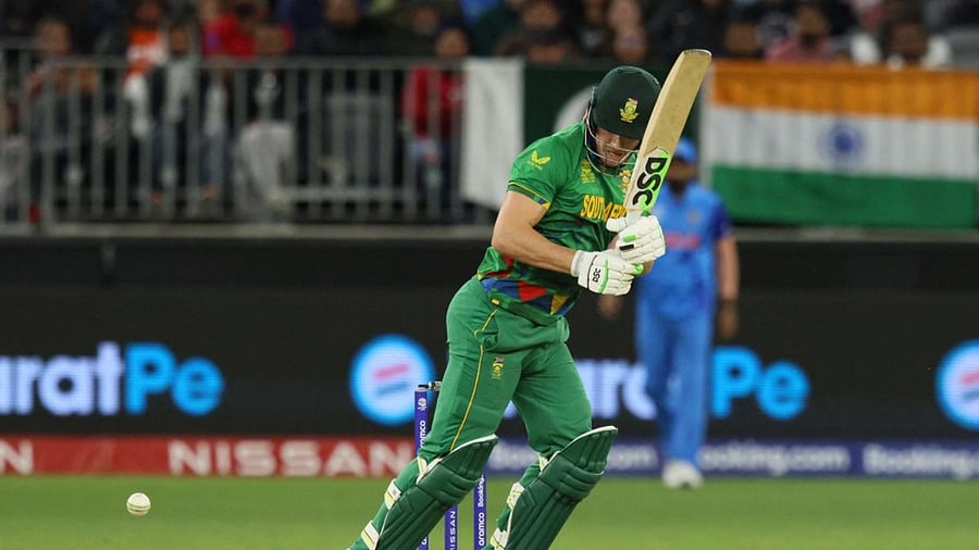 South Africa's David Miller plays a shot during the ICC men's Twenty20 World Cup 2022 cricket match between India and South Africa at the Perth Stadium. Credit: AFP Photo