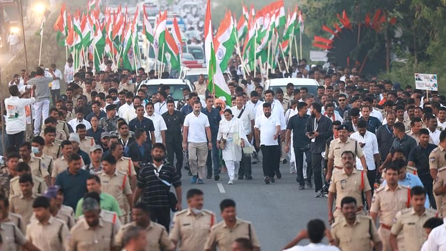 Joined by party leaders and cadre, Rahul Gandhi resumed his foot march from here this morning and is expected to cover a distance of around 22 kilometres. Credit: PTI Photo