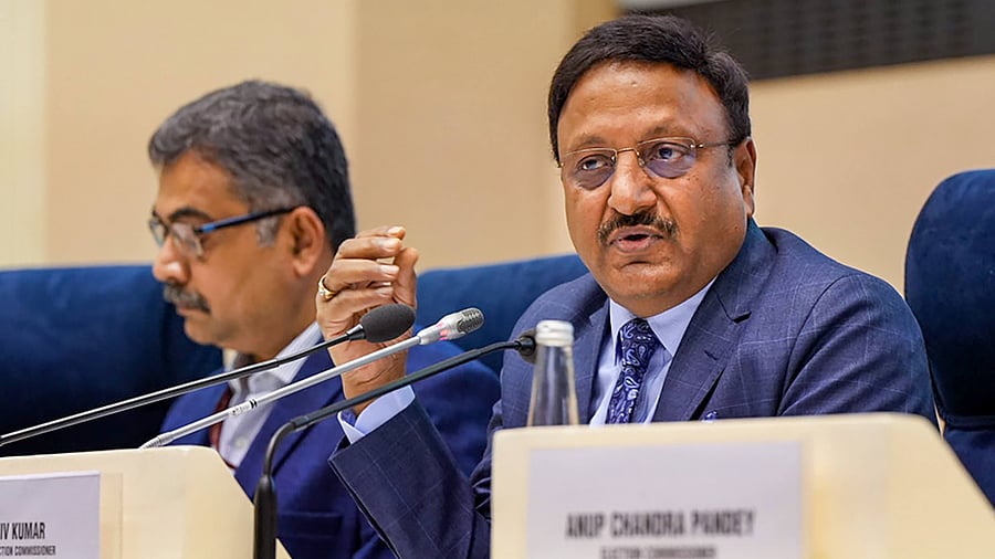 Chief Election Commissioner Rajiv Kumar speaks during a press conference for the announcement of schedule of assembly elections in Himachal Pradesh. Credit: PTI Photo