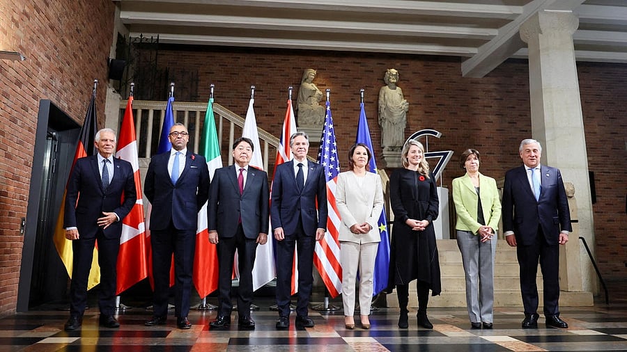 German Foreign Minister Annalena Baerbock poses for a family photo with her counterparts Melanie Joly of Canada, Yoshimasa Hayashi of Japan, Antony Blinken of the U.S., Catherine Colonna of France, James Cleverly of Britain, Josep Borrell of EU and Antonio Tajani of Italy during the first working session of G-7 foreign ministers in Münster. Credit: Reuters photo