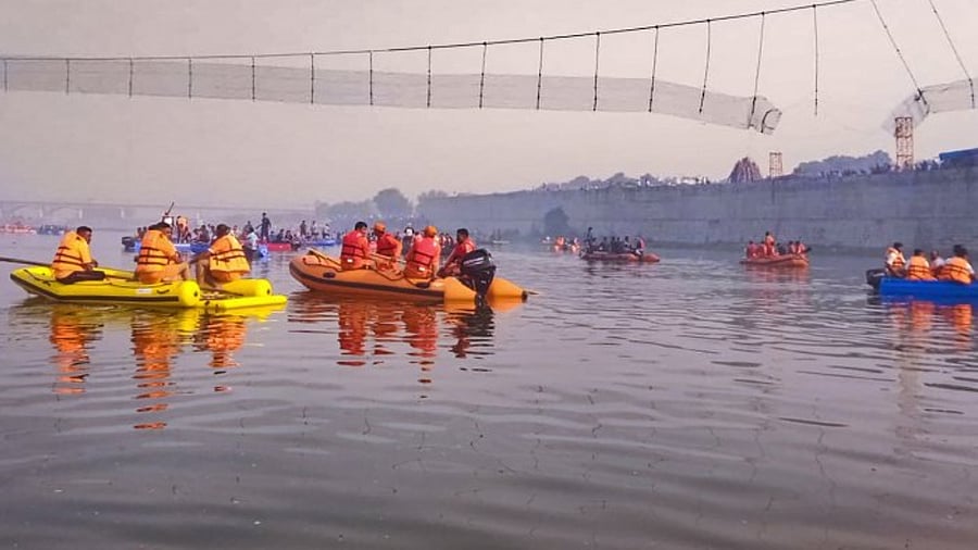 Rescue operation after Morbi bridge collapse. Credit: PTI Photo