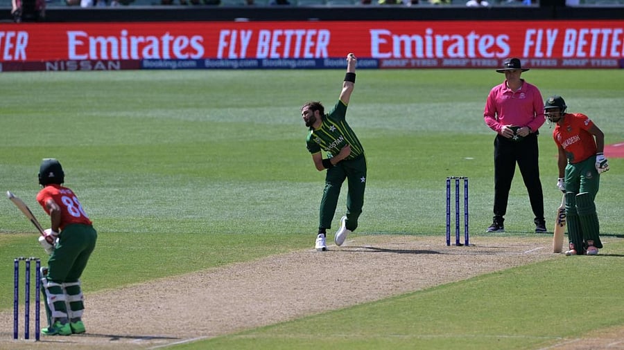 Pakistan's Shaheen Shah Afridi bowls to Bangladesh's Afif Hossain (L) during the ICC men's Twenty20 World Cup 2022 cricket match between Pakistan and Bangladesh. Credit: AFP Photo