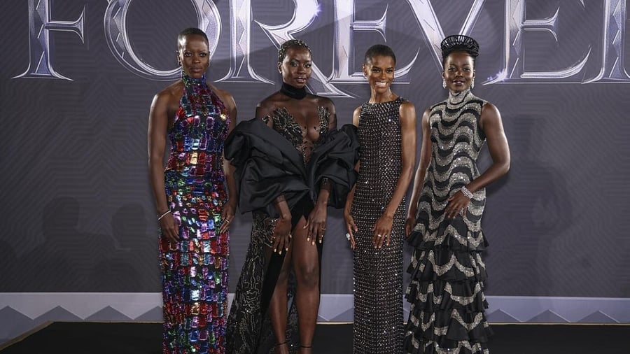 Actors pose for photographers at the premiere of the film 'Black Panther: Wakanda Forever' in London. Credit: AP/PTI Photo