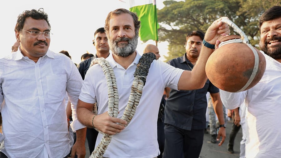 Congress leader Rahul Gandhi during the Bharat Jodo Yatra in Jogipet, Telangana. Credit: PTI Photo