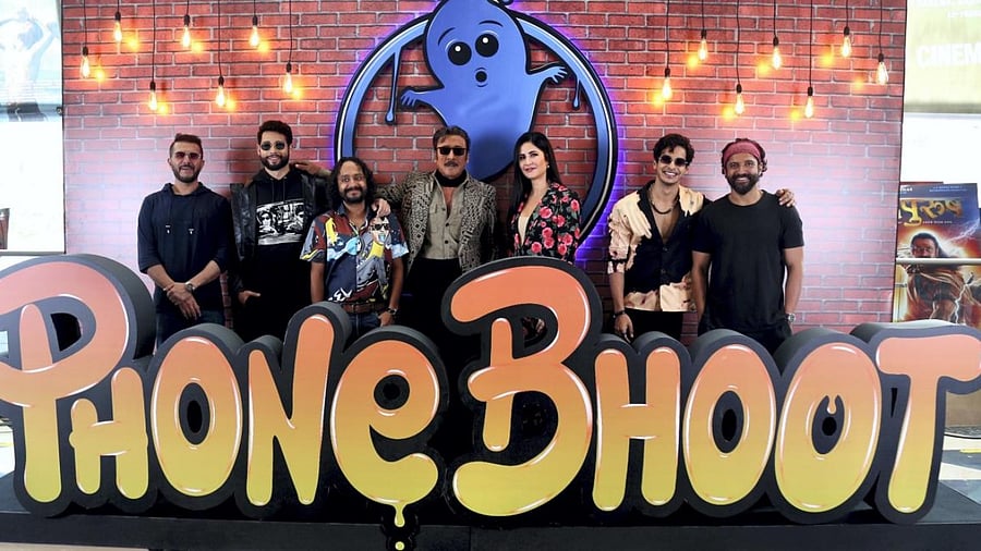The cast of 'Phone Bhoot' along with film producers Ritesh Sidhwani (L) and Farhan Akhtar. Credit: PTI Photo