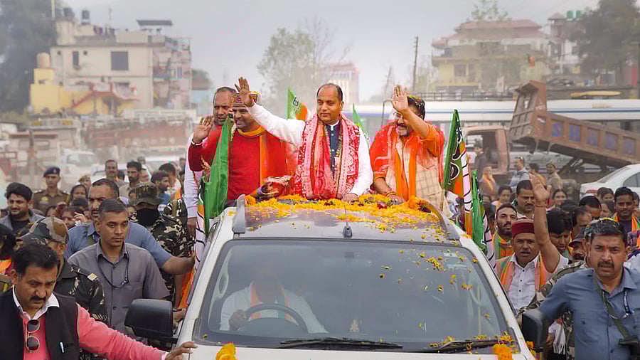 Mandi: Himachal Pradesh CM Jairam Thakur during a road show for state Assembly elections at Balh constituency. Credit: PTI Photo