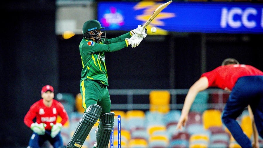 Pakistan's Mohammad Nawaz plays a shot during the ICC men’s Twenty20 World Cup 2022 cricket warm-up match between Pakistan and England at the Gabba in Brisbane on October 17, 2022. Credit: AFP File Photo
