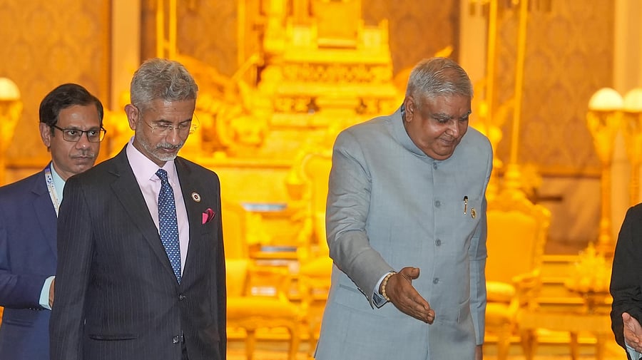 EAM and Vice President Jagdeep Dhankhar with King of Cambodia Norodom Sihamoni during a meeting, at Royal Palace in Phnom Penh, Cambodia. Credit: PTI Photo
