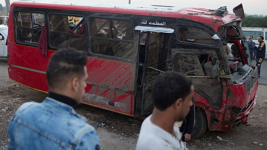 A view of the accident site where a minibus fell into a canal in northern Egypt, according to the Health Ministry in Dakahlia Egypt November 12, 2022. Credit: Reuters Photo