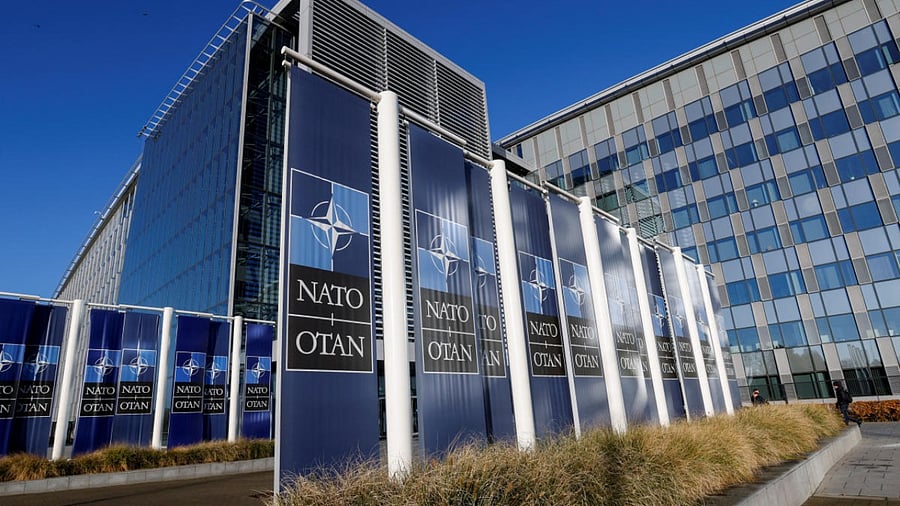 A view shows banners outside NATO headquarters in Brussels. Credit: Reuters Photo
