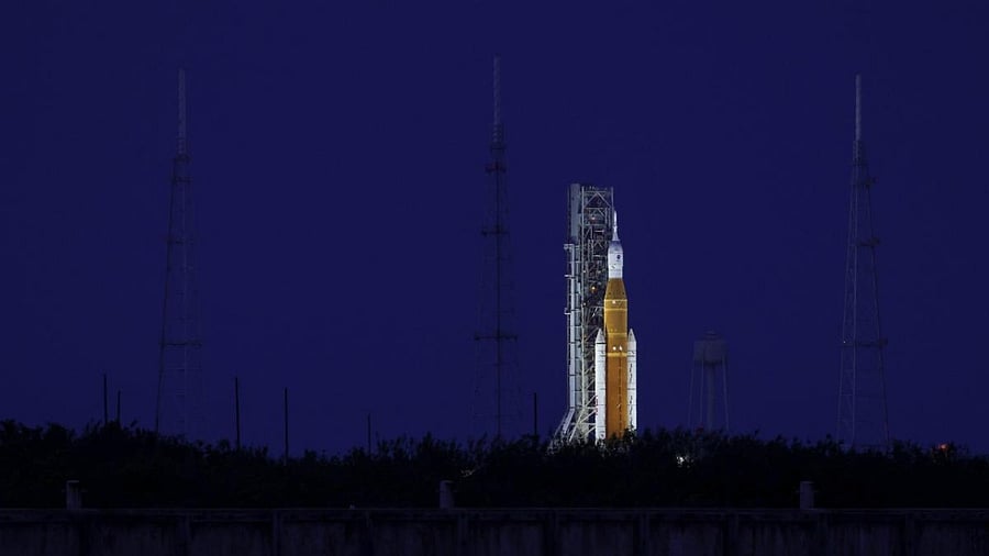 NASA's Space Launch System (SLS) rocket with the Orion spacecraft attached sits on launch pad 39B as final preparations are made for the Artemis I mission at NASA's Kennedy Space Center on November 15, 2022 in Cape Canaveral, Florida. Credit: AFP Photo