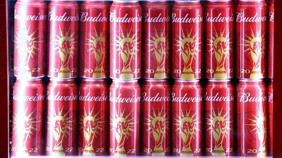 Budweiser beer cans seen in a fridge during the opening of the FIFA fan festival. Credit: Reuters Photo