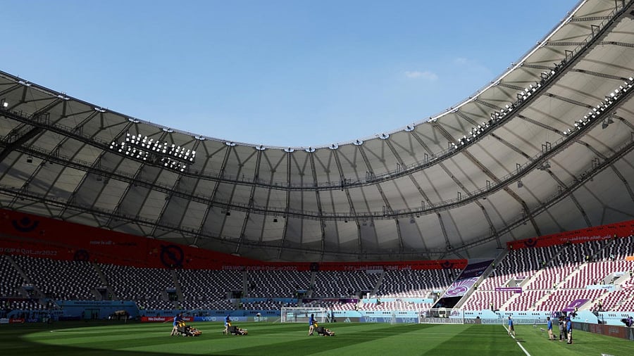 General view of the ground staff inside the stadium before a FIFA WC match. Credit: Reuters Photo
