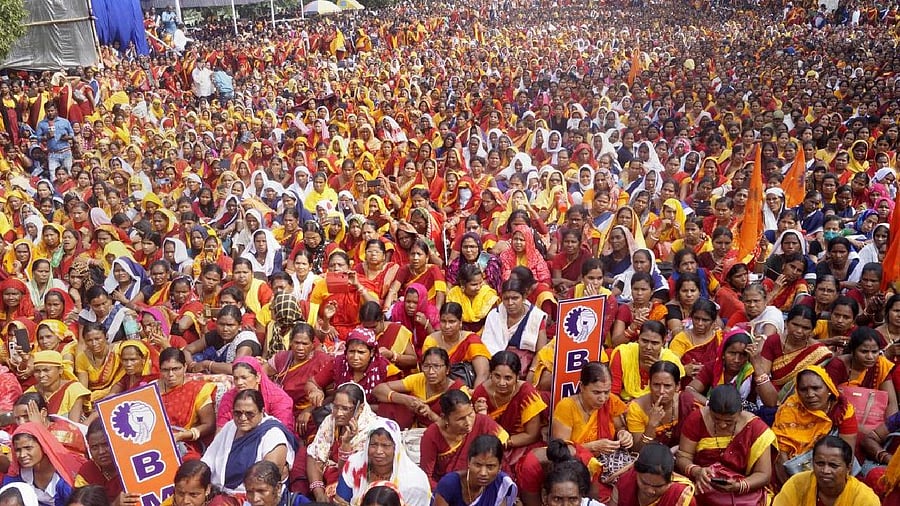 Members of all Odisha Anganwadi Ladies Workers Association (AOALWA) stage a demonstration. Credit: PTI Photo