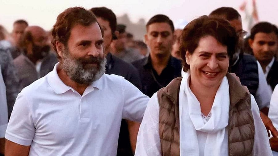 Congress leader Rahul Gandhi with his sister and the party’s general secretary Priyanka Gandhi Vadra during the Bharat Jodo Yatra in Khandwa, Madhya Pradesh, Thursday, Nov. 24, 2022. Credit: PTI Photo