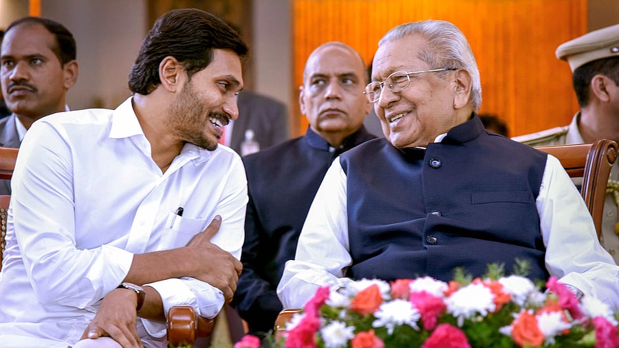 Chief Minister Jaganmohan Reddy and Andhra Pradesh Governor Biswabhusan Harichandan. Credit: PTI Photo