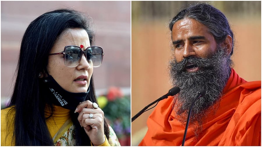 Trinamool Congress MP Mahua Moitra(L) and yoga guru Baba Ramdev. Credit: PTI Photo