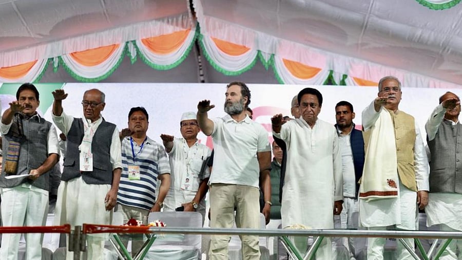 Congress leaders Rahul Gandhi, KC Venugopal, Digvijaya Singh, Kamal Nath and Bhupesh Baghel at a public meeting in Madhya Pradesh. Credit: PTI Photo
