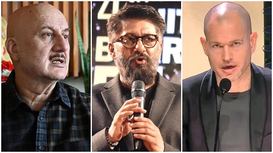 Bollywood actor Anupam Kher (L), filmmaker Vivek Agnihotri(C) and IFFI jury head Nadav Lapid. Credit: PTI